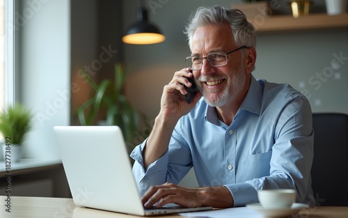 Happy busy 50 years old business man talking with client on mobile phone working on laptop using computer in office. Smiling mature senior businessman entrepreneur making call on cellphone at work.