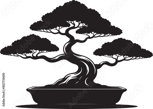 Black silhouette of a stylized bonsai tree in a pot on white background plant nature
