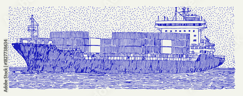 A blue and white ship with a white stripe. The ship is in the water. vector illustration