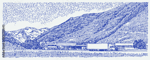 A blue and white drawing of a mountain with a train and a truck. The train is on the left side of the mountain. vector illustration