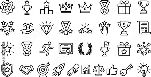 Line art achievement and award icons collection featuring trophies, medals, stars, certificates, crowns, gifts, goals, success symbols, and recognition elements.