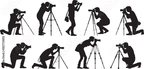 Silhouette of photographers in various poses with cameras and tripods
