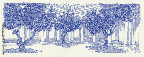 A blue and white drawing of a park with trees and benches. The trees are in the foreground and background. vector illustration