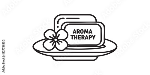 Saucer with scented soap and flower thin line icon, spa massage concept. Vector graphics. Soap for aroma therapy sign on white background, style icon mobile or web design.