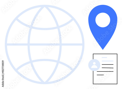 Globe symbolizing global network, blue location marker, ID document for user identification. Ideal for global navigation, identity verification, technology, travel, communication, business