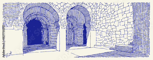 A blue and white drawing of a tunnel with two arches. The tunnel is dark and narrow. vector illustration