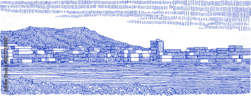 A blue and white drawing of a city with a mountain in the background. The drawing is in a pixelated style. vector illustration