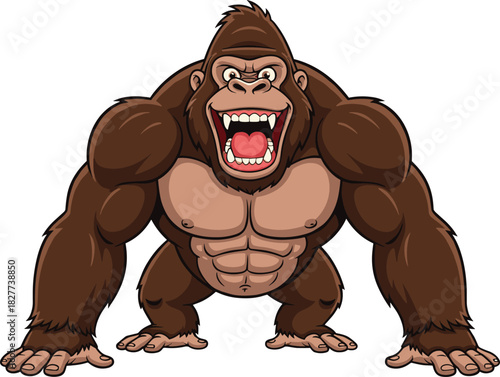 Muscular cartoon gorilla roaring on all fours, vector illustration for wildlife themes, editorial animal content, and expressive character design