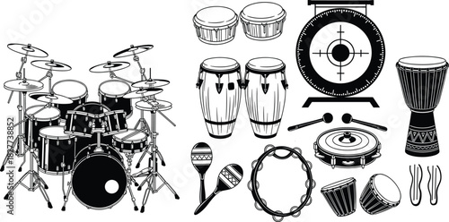 Musical instruments collection, drum kit, congas, bongos, djembe, gong, maracas, tambourine, percussion vector set, black and white outline illustration, isolated on white.