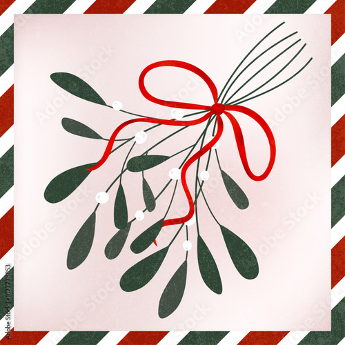 Vintage Postcard with Mistletoe Branch, Christmas Background with Stripped Frame, Old Texture, Mistletoe Branch with Red Ribbon, Festive Simple Hand Drawn Art, Retro, Vector