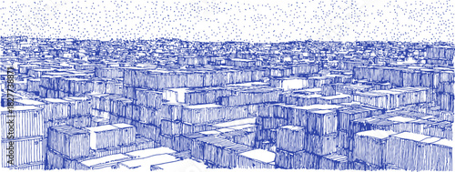 A blue and white drawing of a desert with many rocks. The rocks are scattered throughout the desert. vector illustration