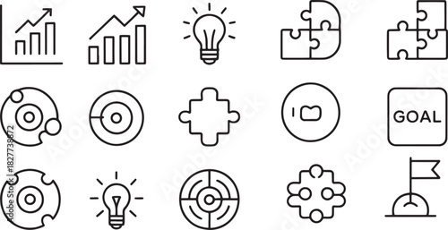 Business and strategy concept icons including charts and puzzles idea goal