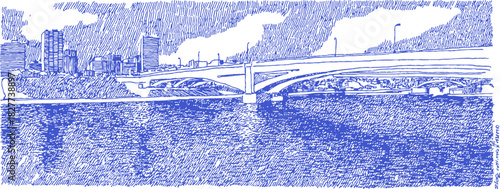 A blue and white drawing of a cityscape with a bridge spanning across a river. The bridge is located in the middle of the river. vector illustration