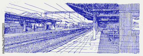 A train station with a blue background. A train is in the foreground. A person is walking on the platform. vector illustration
