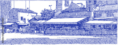 A blue and white drawing of a city street with a building in the background. The building has awnings. vector illustration