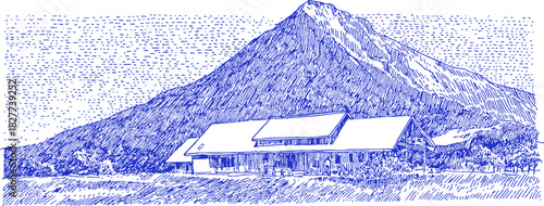 A blue and white drawing of a house with a mountain in the background. The house is on a hill and has a lot of trees around it. vector illustration