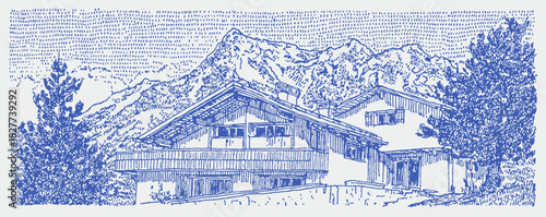 A blue and white drawing of a house with a porch and a balcony. The house is surrounded by trees and mountains. vector illustration