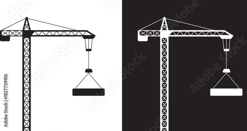 Construction Crane Icon Silhouette on Black and White Background tower crane building