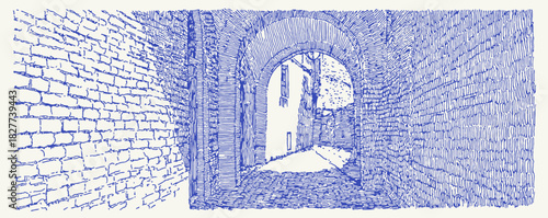 A blue and white drawing of a brick wall with a doorway in the middle. The wall is made of bricks and has a rough texture. vector illustration