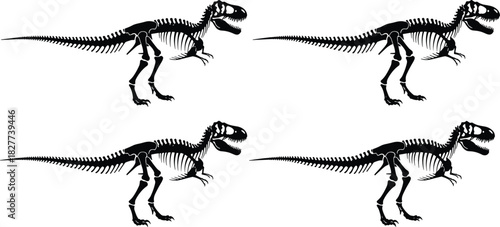 Tyrannosaurus rex skeleton, dinosaur bones, prehistoric icon, side profile, black vector, paleontology illustration, fossil silhouette, museum graphic