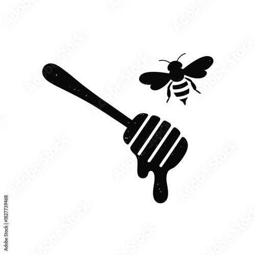 Honey dipper with dripping honey and bee silhouette vector illustration