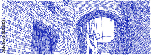 The image is a blue and white drawing of a brick archway. The archway is made of bricks and has a blue and white color scheme. vector illustration