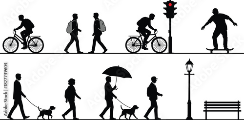 Urban mobility, pedestrian silhouettes, bicycle, skateboard, walking dog, traffic light, streetlamp, bench, public space, vector illustration