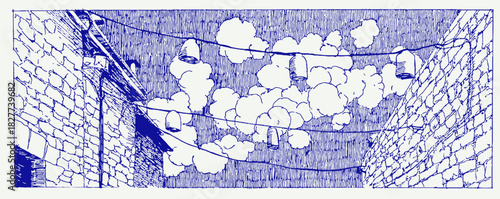 A blue and white image of a wall with a wire hanging from it. The wire is hanging over a wall and has a few leaves on it. vector illustration