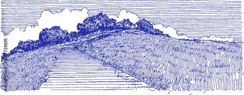 A blue and white drawing of a road with trees in the background. The road is narrow and winding. vector illustration