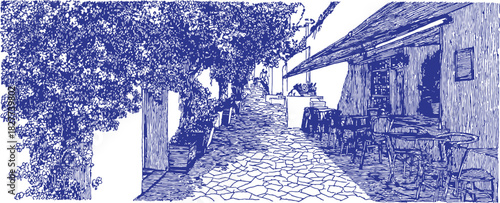 A blue and white drawing of a street with a house on the right. There are trees on the left side of the street. vector illustration