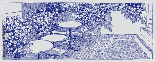 A beautiful patio with three tables and chairs. The chairs are positioned around the tables, creating a cozy. vector illustration