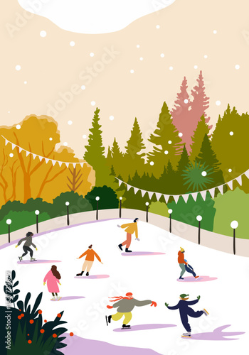 Winter ice skating rink in city park, people skating outdoors at holiday season. Cheerful outdoor holiday season scene with families and friends enjoying leisure activity on ice, perfect for Christmas