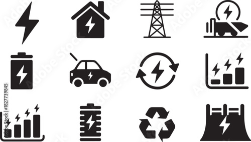 Electricity Energy Icons Set Power Generation Transmission And Storage symbol