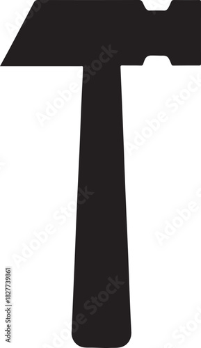 Minimal hammer silhouette with angular head and straight handle for simple construction tool design.