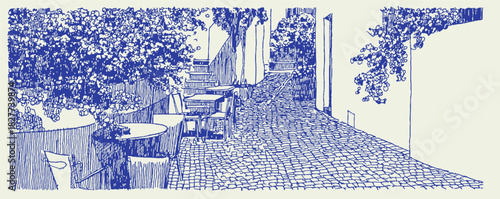 A blue and white drawing of a street with a sidewalk and a few tables. There are two people sitting at a table. vector illustration