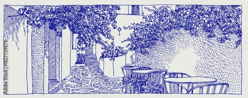 A blue and white drawing of a courtyard with a table and chairs. The table is surrounded by chairs. vector illustration