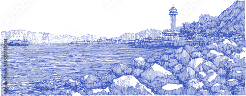 A blue and white drawing of a rocky shoreline with a lighthouse in the distance. The water is calm. vector illustration