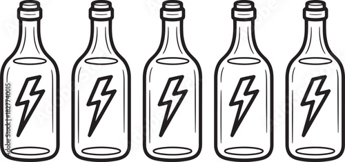 Five bottles with lightning bolt symbols on a white background container liquid