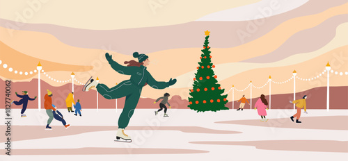 People ice skating on an outdoor winter rink around a decorated Christmas tree with lights and garlands at sunset. Festive holiday season scene with families and friends enjoying leisure activity on i