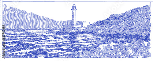 A blue and white drawing of a lighthouse and a body of water. The water is choppy. vector illustration