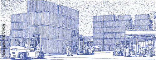 A blue and white drawing of a warehouse with a truck and forklift. The truck is in the foreground. vector illustration
