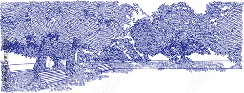 A blue and white drawing of a rural scene with a house and trees. The trees are in the foreground. vector illustration