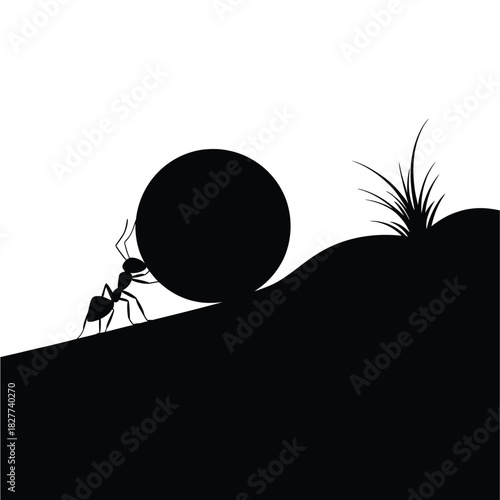 Ant pushing a large sphere uphill silhouette against a white background