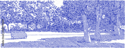 A blue and white drawing of a park with a bench and a tree. The bench is empty. vector illustration