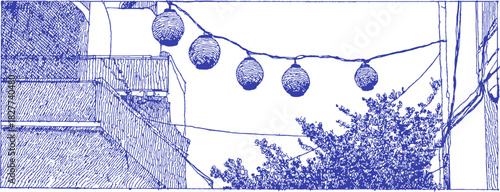 A blue and white drawing of a street with a blue sky. There are four lights hanging from a wire. vector illustration