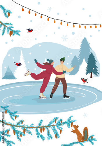 Happy couple ice skating on a frozen pond in a snowy winter forest, with fir trees, bullfinch birds, decorative lights and spruce branches with cones in the foreground. Romantic outdoor winter lifesty