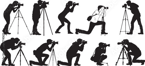 Silhouette of photographers in various poses with cameras and tripods