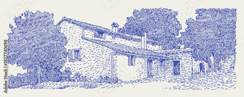 A blue and white drawing of a house with a chimney. The house is surrounded by trees. vector illustration