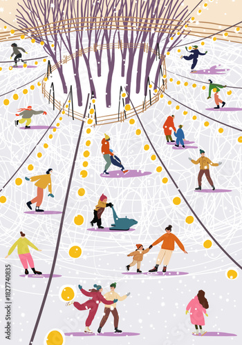 People ice skating on circular winter rink around trees with festive lights, flat vector illustration. Lively holiday season scene with families, children and couples enjoying leisure activity on ice
