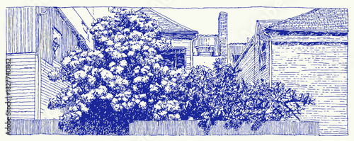 A blue and white drawing of a tree with a fence in the background. The tree is surrounded by a fence. vector illustration